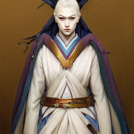 Image similar to a portrait of a beautiful tall and feminine albino supermodel maiko samurai armor, highly detailed, digital painting, artstation, concept art, sharp focus, illustration, art by artgerm and greg rutkowski and alphonse mucha