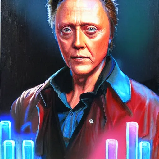 Prompt: portrait of christopher walken in a 1 9 8 0 s arcade, an oil painting by ross tran and thomas kincade