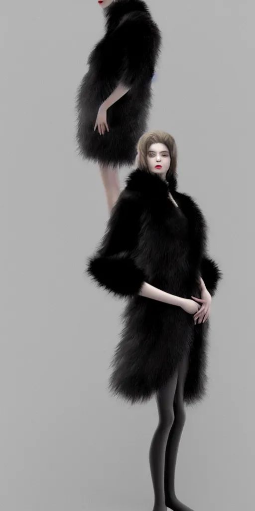 Prompt: full body aesthetic digital illustration of a beautiful young woman wearing a black fur coat standing in a white room, by wlop and Julia Razumova, realistic, photorealistic, hyperrealistic, unreal engine, cosplay, octane, deviantArt, trending on artstation, artstation HQ