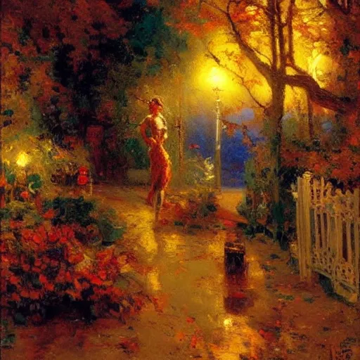 Image similar to naive art autumn villlage, neon light, painting by gaston bussiere, craig mullins, j. c. leyendecker