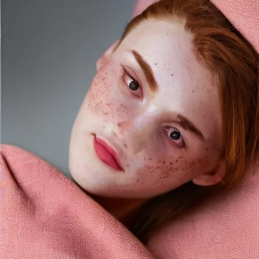 Image similar to portrait of a cute thin young woman, red blush, cute freckles wearing casual clothes, small smile, relaxing on a couch, cozy under a blanket, cozy living room, close up shot, 8 k, art by diego fazio and irakli nadar and ron mueck, hyperrealism, hyperdetailed, ultra realistic