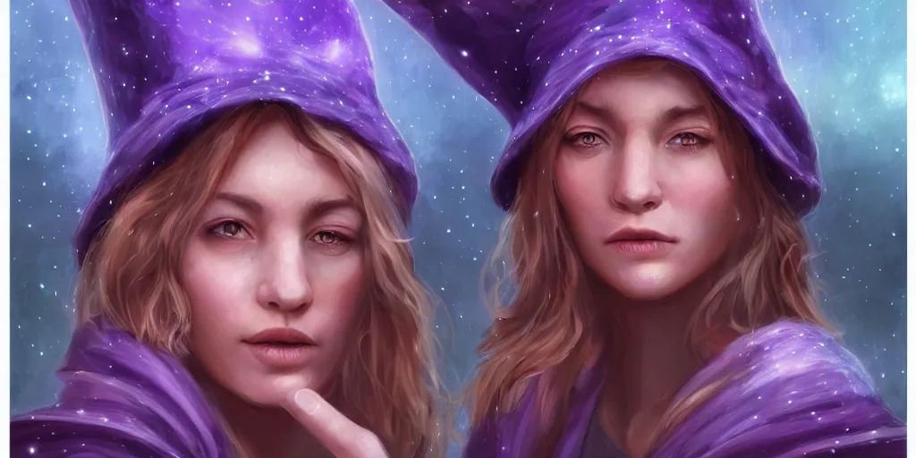 Prompt: female wizard 2 ith detailed closeup hyper realistic face in a starry conical hat casting a soothing purple spell near a crackling campfire at night in the woods, dramatic light, digital painting, artstation style, boris vallejo, beautiful detailed background, haunting athnosphere, danger