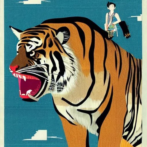 Image similar to a delorean protecting a tiger, japanese magazine collage, art by hsiao - ron cheng and utagawa kunisada