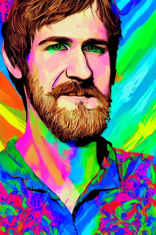 Prompt: inspirational style hope poster of bo burnham with beard, psychedelic colors, highly detailed, realistic, loving