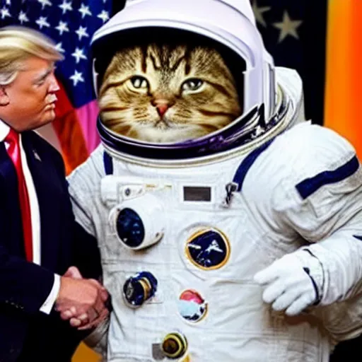 cat astronaut gives a handshake to donald trump | Stable Diffusion ...