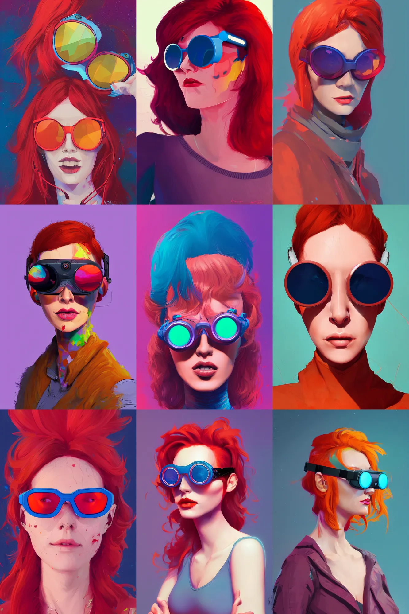 Prompt: redhead woman thin vr glasses, colorful lenses, mate painting, sci - fi, vibrant, trending on artstation, josan gonzalez