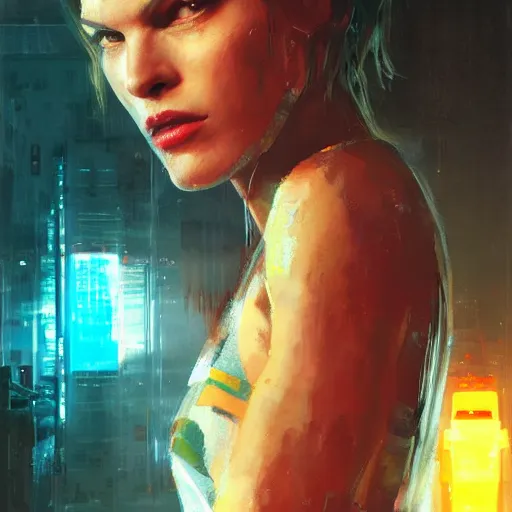 Prompt: milla jovovich portrait in the foreground of art by greg rutkowski scifi sharp neon city