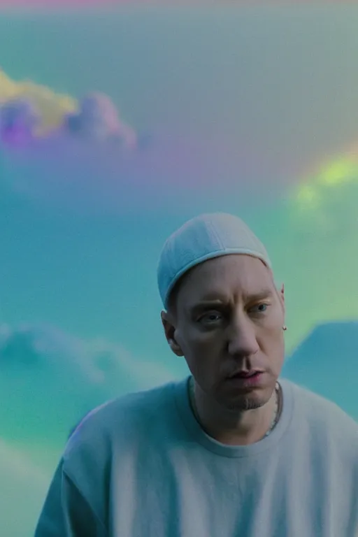 Image similar to high quality pastel coloured film close up wide angle photograph of eminem wearing clothing swimming on cloud furniture in a icelandic black rock environment in a partially haze filled dreamstate world. three point light, rainbow. photographic production. art directed. pastel colours. volumetric clouds. pastel gradient overlay. waves glitch artefacts. extreme facial clarity. 8 k. filmic.