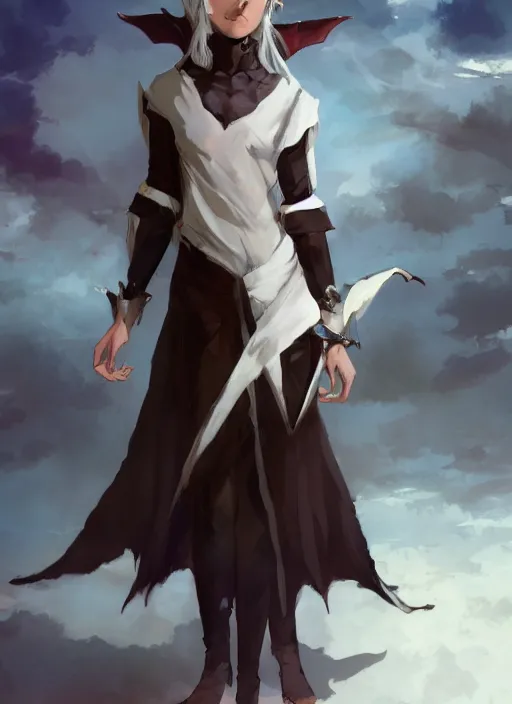 Image similar to concept art painting of a woman with brown skin and short white hair, demon horns, elf ears, full clothing, black clothes, blue robes, detailed, cel shaded, in the style of ruan jia and artgerm and makoto shinkai and james gurney