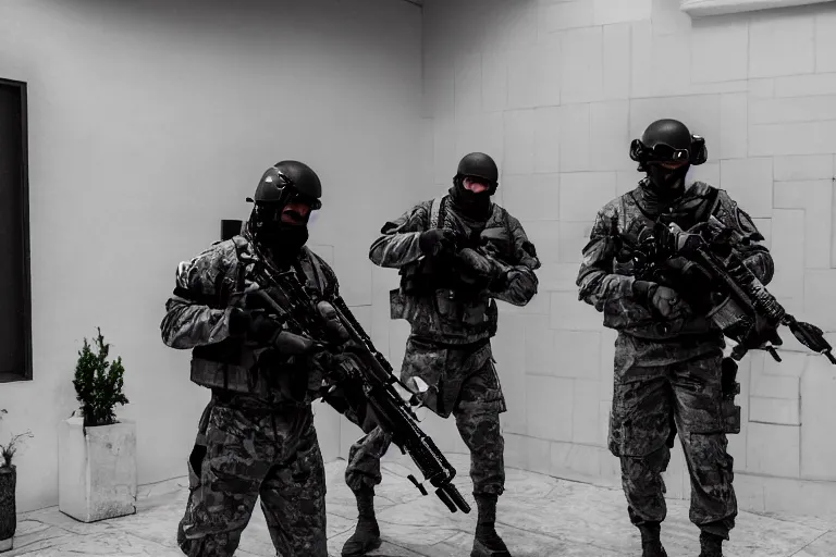 Prompt: Mercenary Special Forces soldiers in grey uniforms with black armored vest and black helmets fighting inside a mansion in 2022, Canon EOS R3, f/1.4, ISO 200, 1/160s, 8K, RAW, unedited, symmetrical balance, in-frame, combat photography