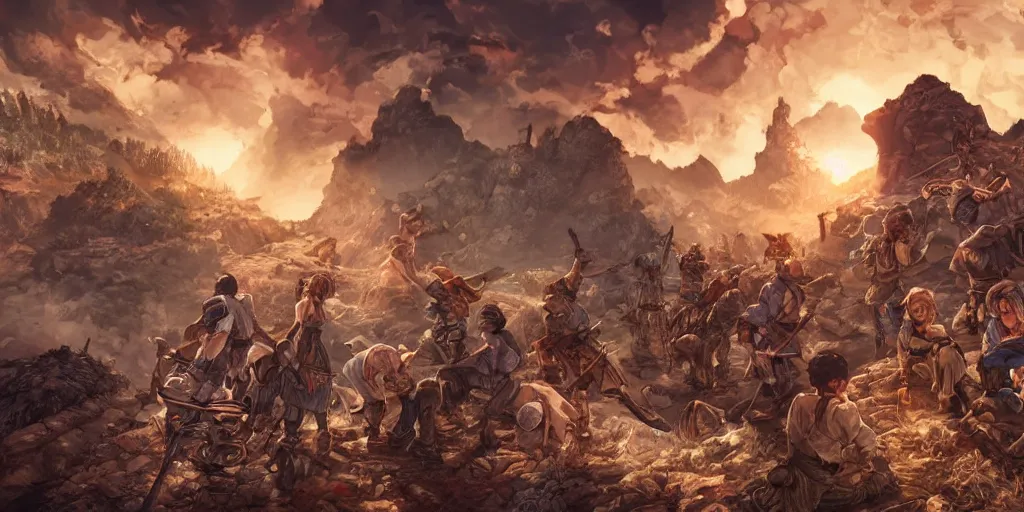 Image similar to now is the time to lift our nation from the quicksands of racial injustice to the solid rock of brotherhood. ultrafine highly detailed colorful illustration, intricate linework, sharp focus, octopath traveler, final fantasy, unreal engine highly rendered, global illumination, radiant light, intricate environment