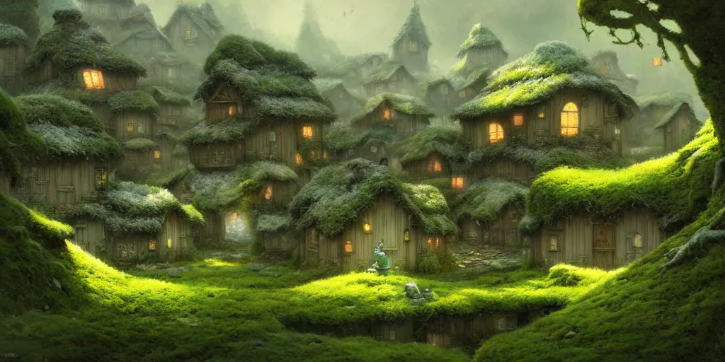 Image similar to a mossy village, dreamy, liminal space illustrated by miyazaki, hiroyuki kato, keisuke goto, highly detailed, concept art, illustration art