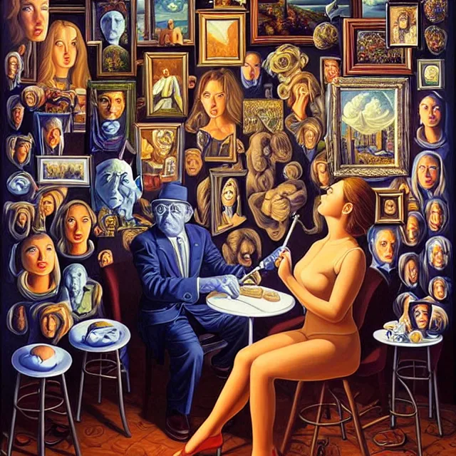 Prompt: an oil on canvas portrait of a man painting a portrait of a beautiful woman surrounded by portrait paintings, surrealism, surrealist, cosmic horror, rob gonsalves, high detail