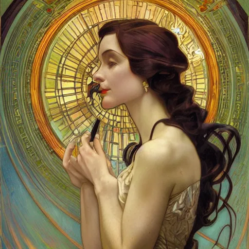 Image similar to an art deco painting in the style of donato giancola, and in the style of charlie bowater, and in the style of alphonse mucha. symmetry, smooth, sharp focus, semi - realism, intricate detail.