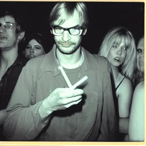 Image similar to jeffrey dahmer in a nightclub with glowsticks, late 7 0 s polaroid photo