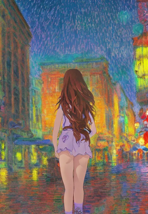 Prompt: wide angle anime portrait of a teenage girl, a thrifty outfit, very anime in impressionist style, city street view background, starlit night sky, trending artwork, anime painter studio, by claude monet