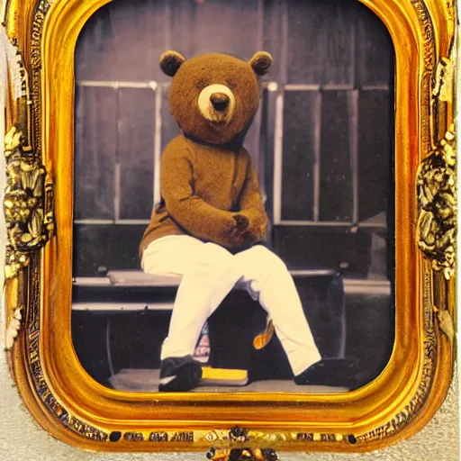 Image similar to a photo in a circular ornate golden frame, of a brown and red college mascot bear wearing blue jeans sitting on the bleachers inside the gym,