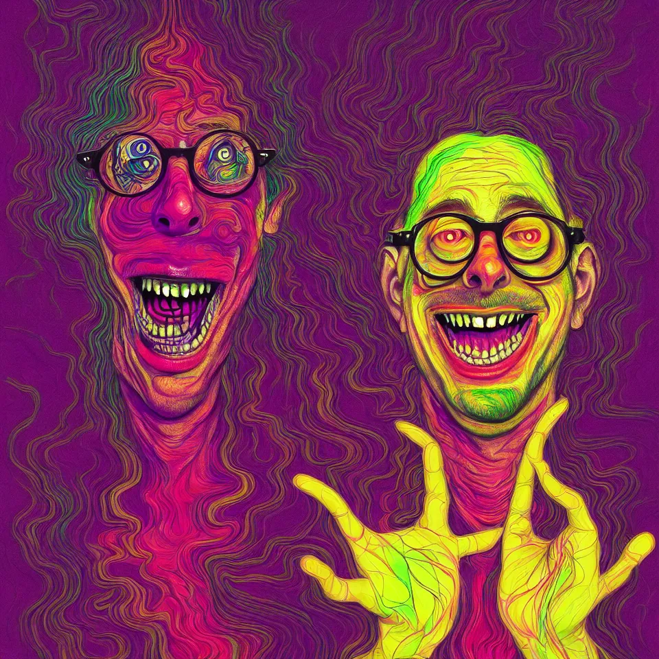 Image similar to happy and funny psychedelic best friends todd solondz tripping on lsd, laughing, diffuse lighting, fantasy, intricate, elegant, highly detailed, lifelike, photorealistic, digital painting, artstation, illustration, concept art, smooth, sharp focus, art by francis bacon