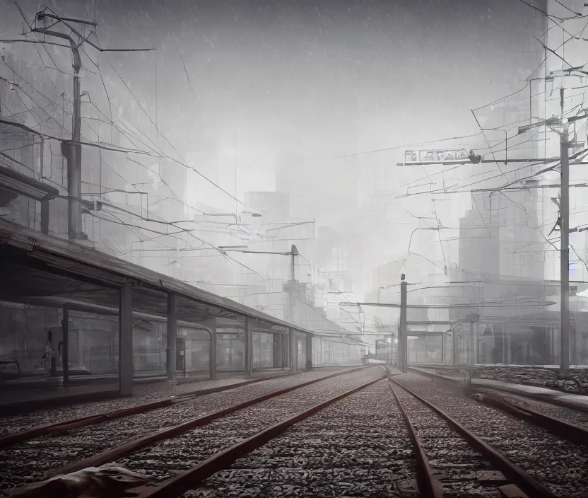 Prompt: A urban train station, gloomy and foggy atmosphere, octane render, artstation trending, horror scene, highly detailded