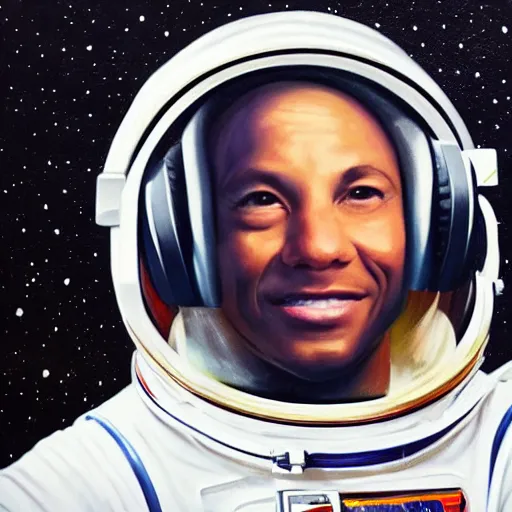 Prompt: a portrait of an astronaut with headphones on, floating through space, highly detailed oil painting