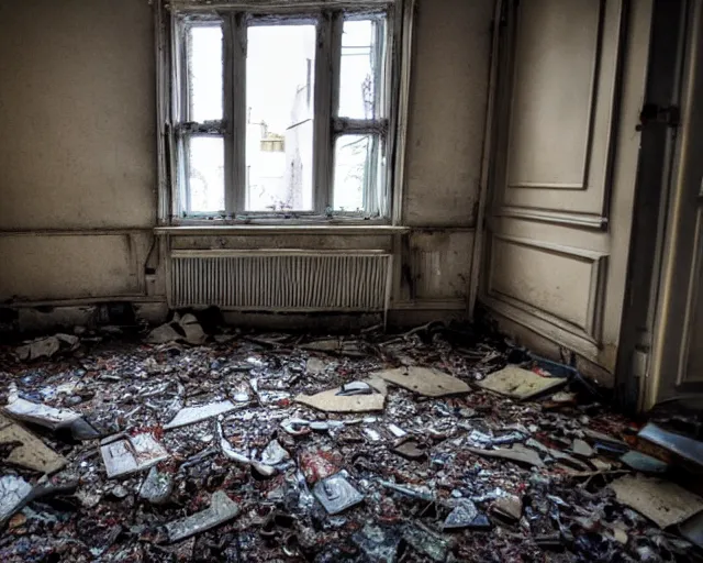 Image similar to Award winning photo of a living room of a flat abandoned 4 days ago, urban exploring, 4k, high quality