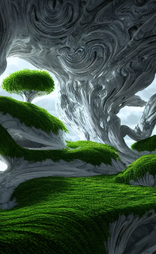 Image similar to highly detailed ultra sharp 3 d render cinematic composition of a smooth ceramic porcelain magnolia stone white fluid fractal sci - fi surreal architecture landscape, marble, magnesium, vining foliage, archviz, vincent callebaut composition, mamou - mani, beautiful lighting, 8 k, unreal engine, hdr, dof