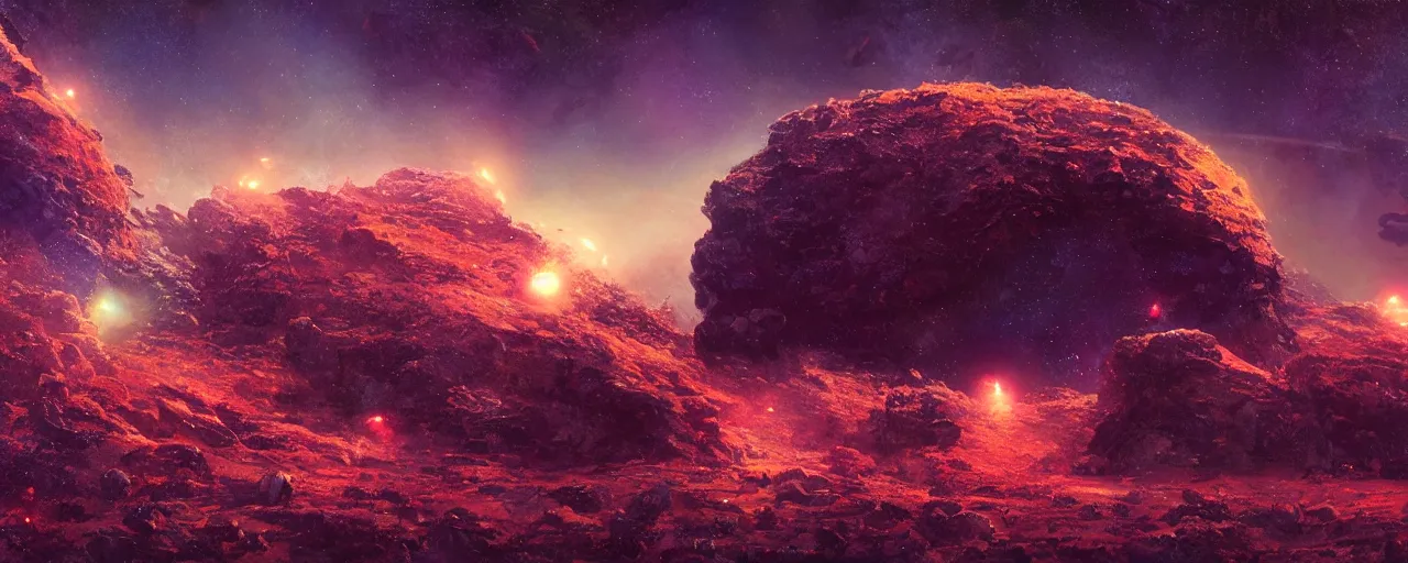 Image similar to ” small rock asteroid, [ black starry space, cinematic, detailed, epic, widescreen, opening, establishing, mattepainting, photorealistic, realistic textures, octane render, art by paul lehr ] ”