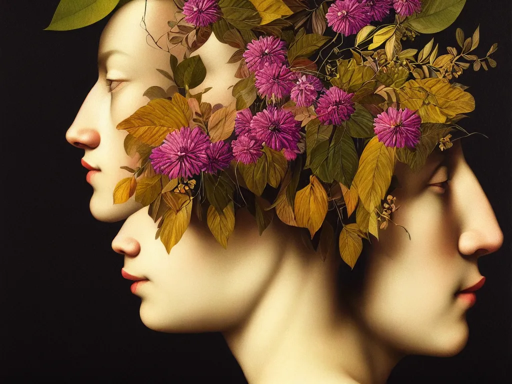 Image similar to hyperrealistic still life portraita womans face in profile, made of flowers and leaves, sacred geometry, light refracting through prisms in a tesseract, by caravaggio, botanical print, surrealism, vivid colors, serene, golden ratio, rule of thirds, negative space, minimalist composition