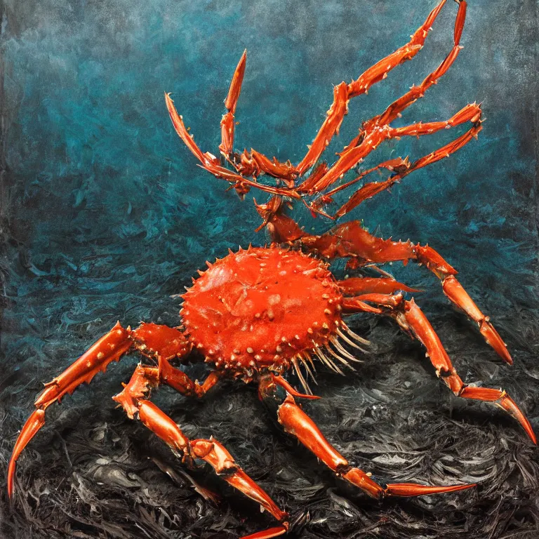 Prompt: Hyperrealistic intensely colored Studio wet collodion Photograph portrait of a deep sea Giant King Crab with large spiked claws deep underwater in darkness long exposure, award-winning nature deep sea expressionistic impasto heavy brushstrokes oil painting by Fabian Marcaccio and Matthew Barney and Audubon vivid colors hyperrealism 8k