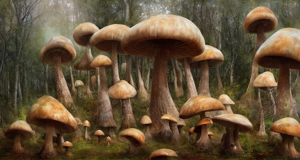 Image similar to A tribal village in a forest of giant mushrooms, by Rob Hefferan