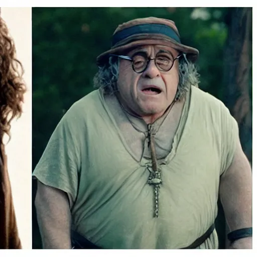 Image similar to movie still of danny devito starring as aragon in the 2 0 2 6 lord of the rings movie, with hat, full body