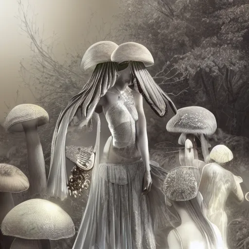 Image similar to mushroom goddess with extremely elegant headdress with group of elders in a ceremony for plant medicine, beautiful, marvelous designer, cloth physics, mocap, deviantart, masamune shirow, alex grey, black and white, beautiful lighting, photorealistic, concept art, perfect render, 3 d render, unreal engine, 8 k