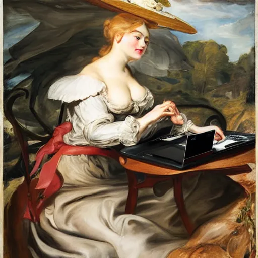 Image similar to heavenly summer sharp land sphere scallop well dressed lady working on her laptop auslese, by peter paul rubens and eugene delacroix and karol bak, hyperrealism, digital illustration, fauvist, looking at her imac laptop