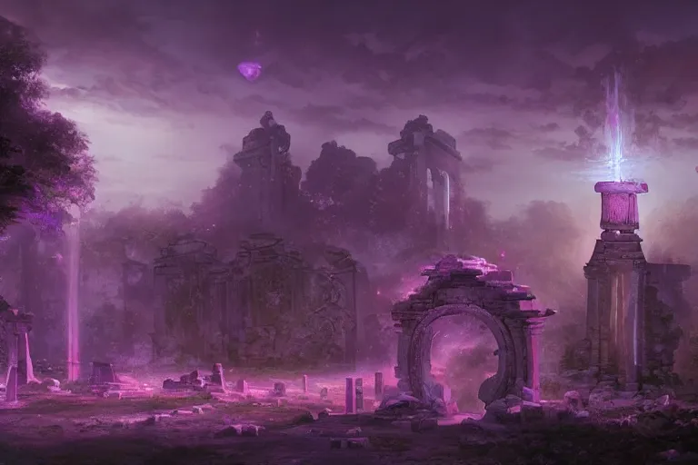 Prompt: mysterious ancient temple ruins at dusk with some lightparticles in the air, digitalart, Jonas De Ro style, purple dark colors, artstation