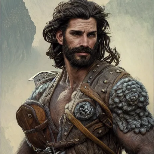 Image similar to portrait of a ruggedly handsome ranger, coherent hands, muscular, full body, leather, hairy, d & d, fantasy, intricate, elegant, highly detailed, digital painting, artstation, concept art, smooth, sharp focus, illustration, art by artgerm and greg rutkowski and alphonse mucha