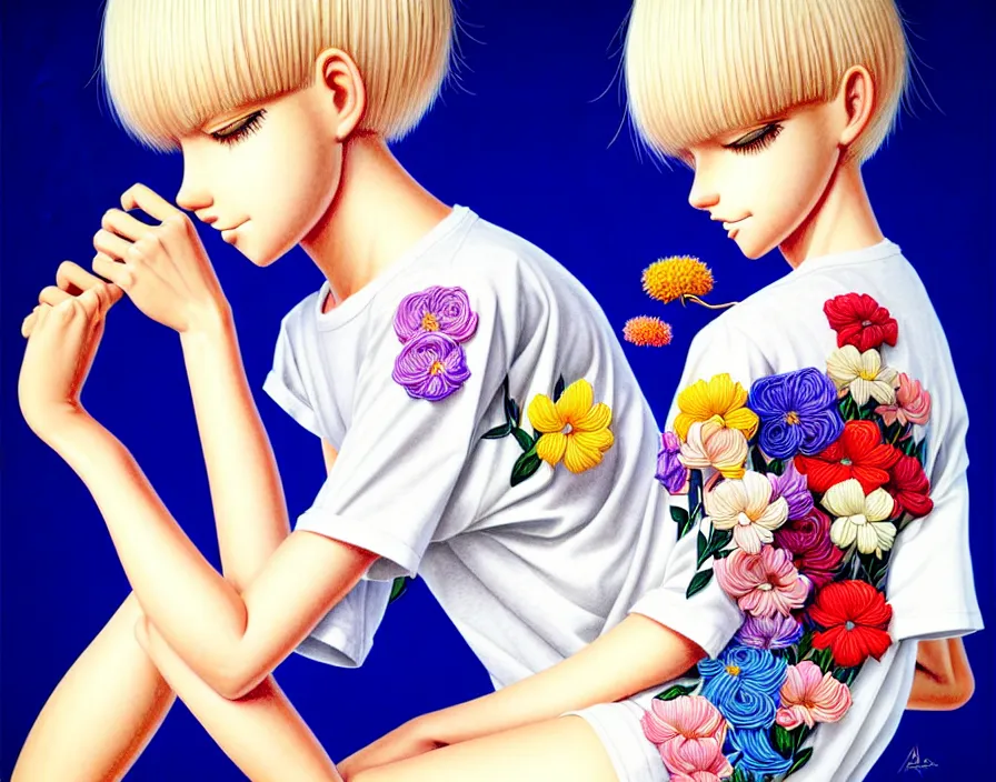 Prompt: richly detailed colored pencil 3D illustration of a beautiful French woman with short bleached blonde hair wearing a long Tshirt and black shorts that is sewing thread drawings of flowers into her thigh. mirrored background with completely rendered reflections, art by Range Murata and Artgerm.