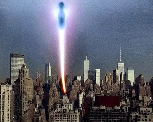 Image similar to [alien invasion] ufo footage spotted at new york city. there is explosions all over the city. 9/11 inspired. archangel michael inspired by an alien.