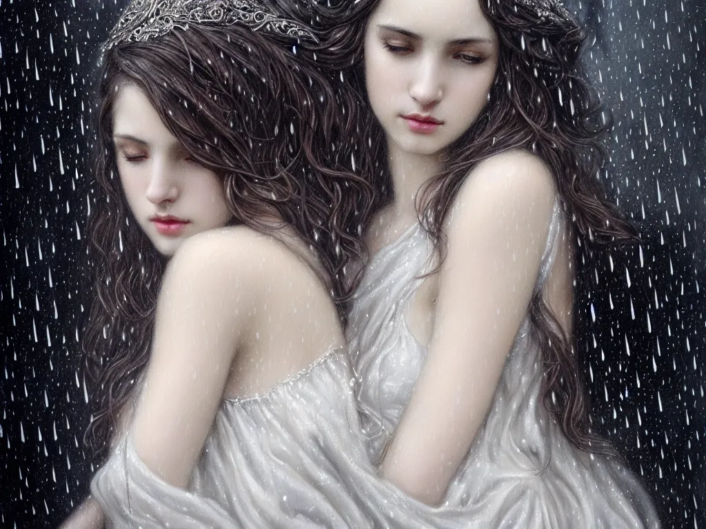 Prompt: highly detailed portrait of a beautiful girl in the rain with wet dark hair and pale skin, ornate elegant white dress, fantasy, intricate, elegant, dramatic lighting, emotionally evoking symbolic metaphor, highly detailed, lifelike, photorealistic, digital painting, artstation, concept art, smooth, sharp focus, illustration, art by John Collier and Albert Aublet and Krenz Cushart and Artem Demura and Alphonse Mucha