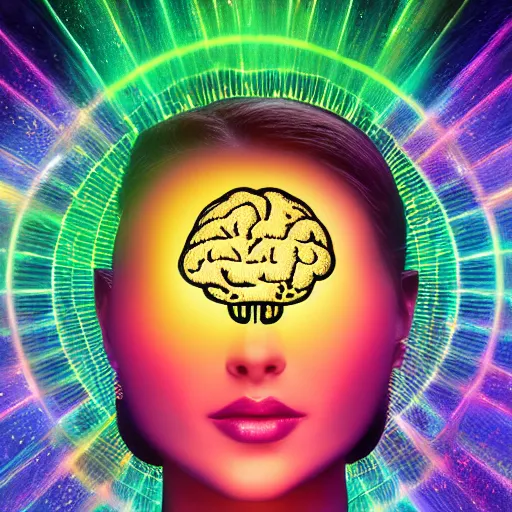 Prompt: a majestic portrait of a woman showing her brain being projected with a ray of light onto the aws logo in the sky, digital painting, high detail, 8 k, intricate ornamental details, vibrant iridescent colors, green magenta and gold