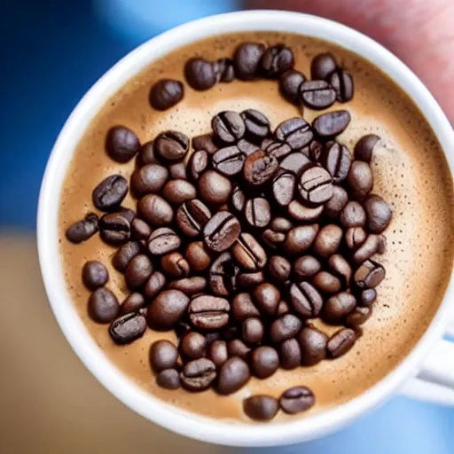 Prompt: a cup of coffee with a whirlpool in it, coffee beans in the background, hands