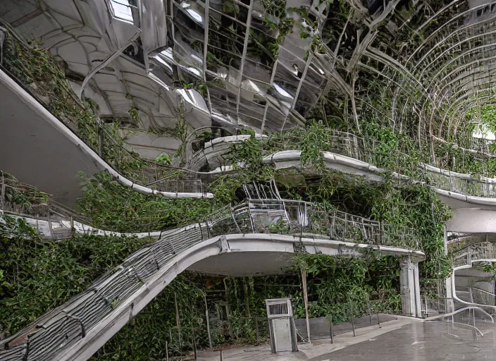 Image similar to an escalator in an abandoned mall in the 1 9 8 0 s, taken over by nature, covered in vines, brutalism