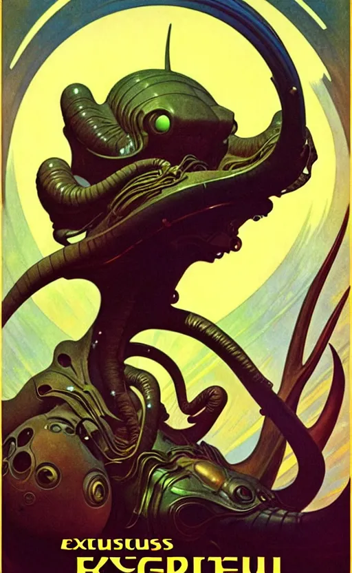 Image similar to exquisite imaginative alien creature poster art, movie art, looming, by lucusfilm, weta studio, alphonso mucha, james jean, frank frazetta, 8 k, denoised, sharp, crisp, high quality