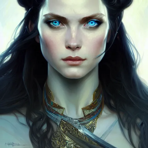 Prompt: Portrait of female warrior, D&D, blue eyes, face, long black hair, fantasy, intricate, elegant, highly detailed, digital painting, artstation, concept art, smooth, sharp focus, illustration, art by artgerm and greg rutkowski and alphonse mucha