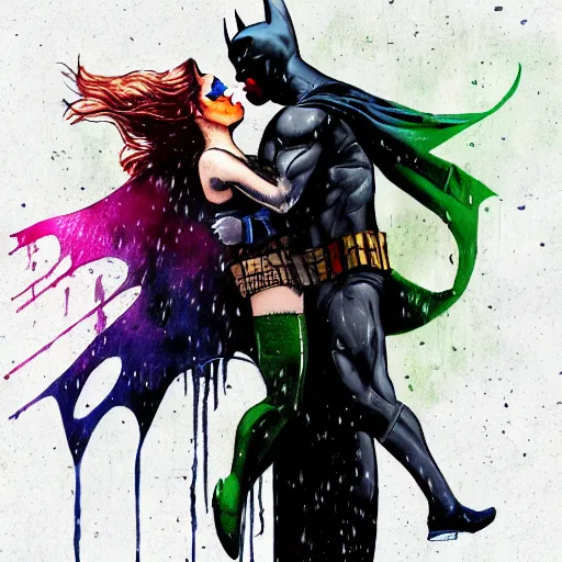 Prompt: batman kiss joker, raining, acrilic paint, digital, artstation, detailed intricate ink illustration, heavenly atmosphere, digital art, overdetailed art, concept art, complementing colors, trending on artstation, cgstudio, the most beautiful image ever created, dramatic, subtle, details, award winning artwork, beautiful scenery