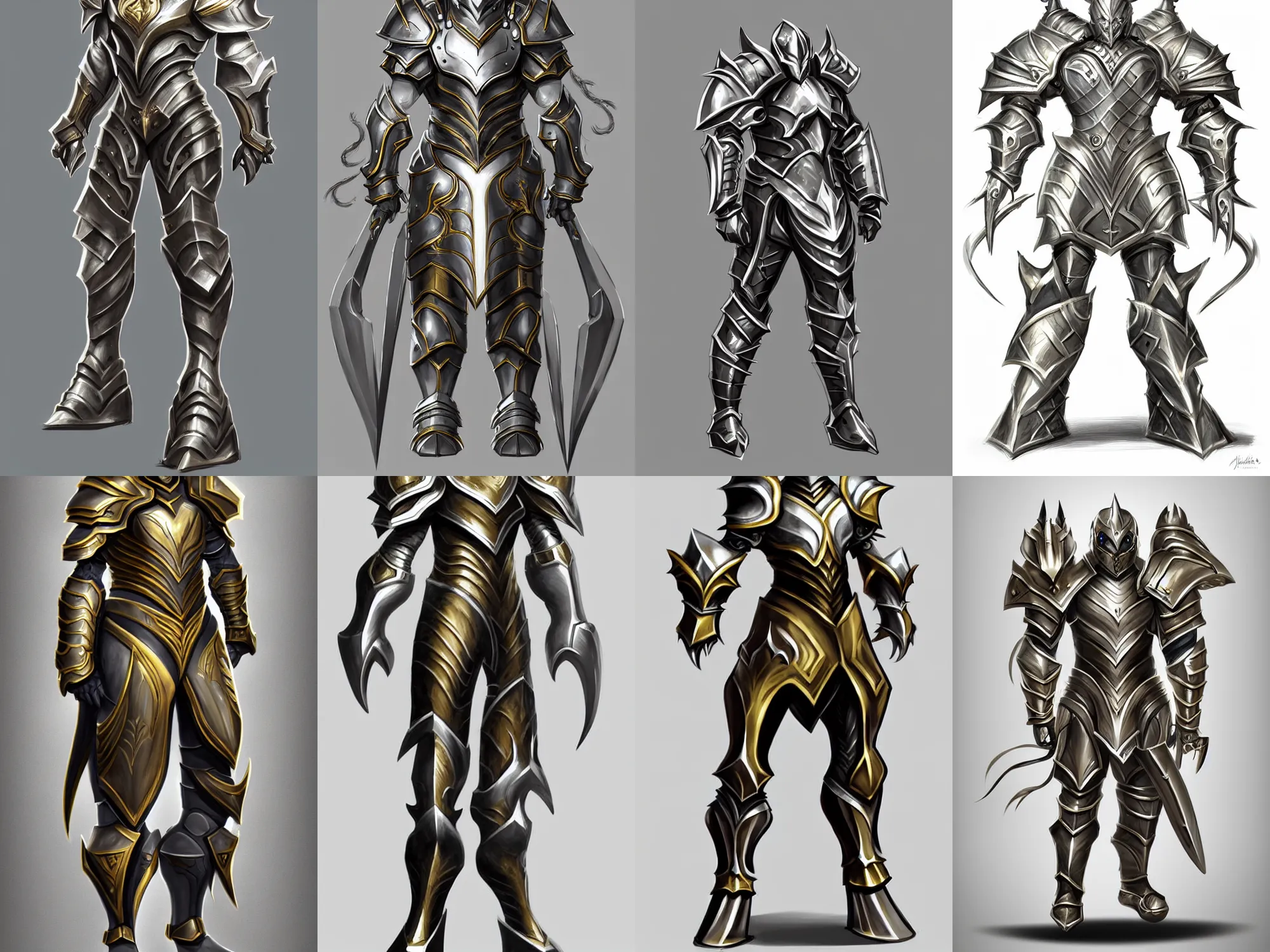 Prompt: heavy fantasy armor, concept sketch, silver with gold trim, extremely polished, exaggerated proportions, flat shading, smooth, uncluttered, extremely clean, fantasy character portrait, professional concept art, front view, A-pose, full body