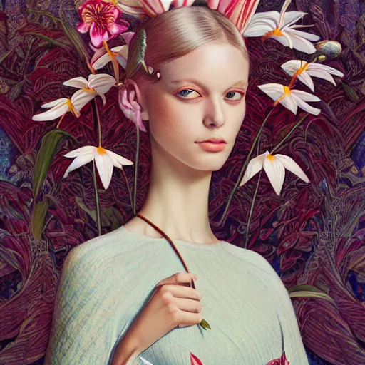 Image similar to pretty model with white lilies : : by martine johanna and simon stalenhag and chie yoshii and casey weldon and wlop : : ornate, dynamic, particulate, rich colors, intricate, elegant, highly detailed, vogue, wolf, harper's bazaar art, fashion magazine, smooth, sharp focus, 8 k, octane render