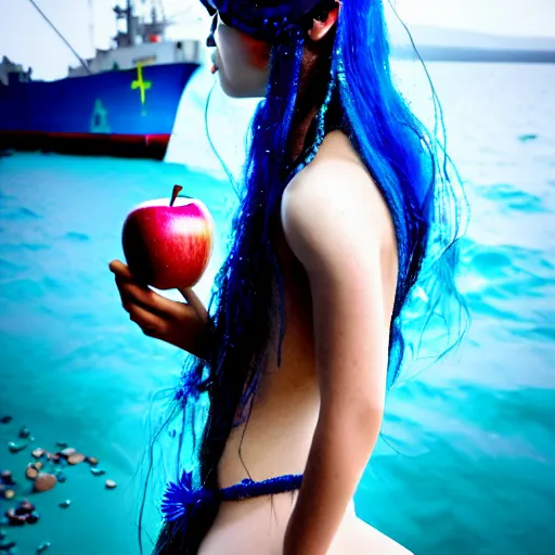 Prompt: a dnd Triton girl with blue skin and messy black hair wearing an elaborate costume made out of seashells sitting on the deck of a ship and holding an apple, a little blue-skinned girl with messy black hair sharp pointed ears freckles along the ridges of her cheeks, dnd triton, high resolution film still, 4k, HDR colors