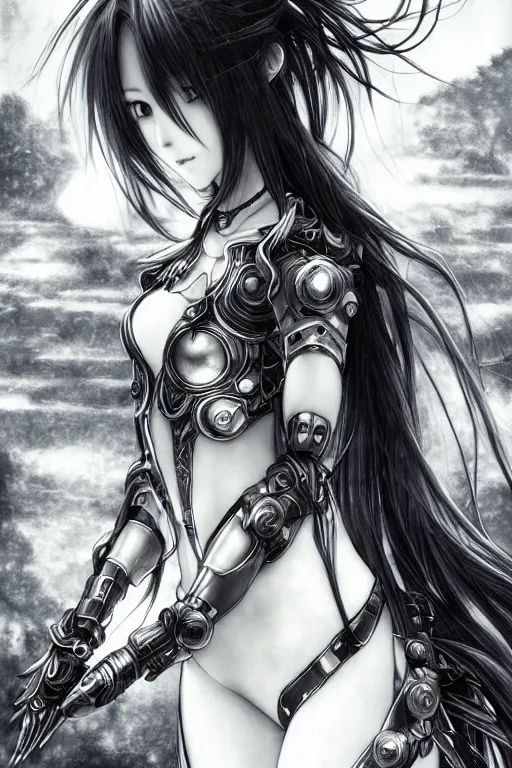 Image similar to a vertical portrait of a character in a scenic environment by Yoshitaka Amano, black and white, dreamy, cybernetic armor, wavy long black hair, highly detailed