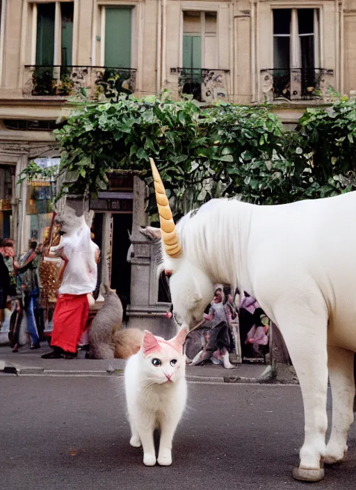 Image similar to a unicorn in paris, a cat and a piece of cabbage are bursting out of its horn, lsd, canon 5 d 5 0 mm lens kodachrome