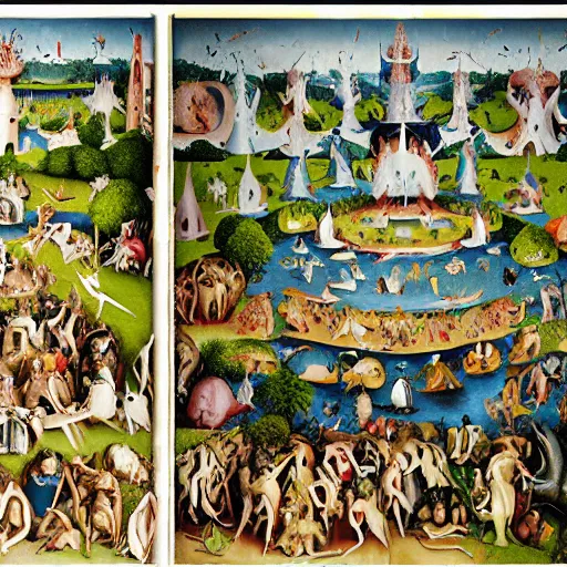 Image similar to a photorealistic details of a bosch garden of earthly delights taken by martin parr